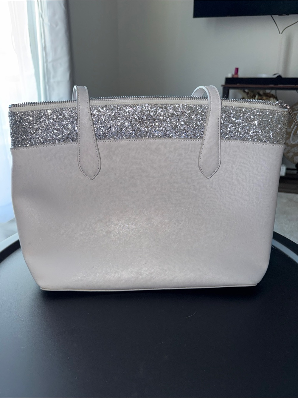 Gray Tote Bag with Silver Glitter Accent